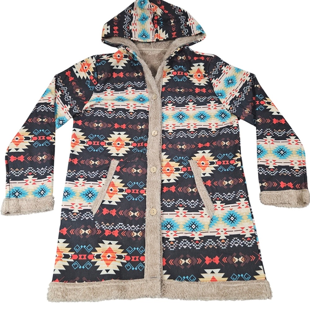 Southwestern Hooded Jacket Women M Aztec Geometric Faux Fur Trim Boho Coat Ranch